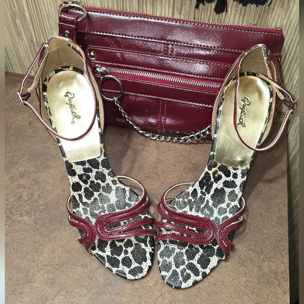 Qupid Burgundy and Leopard Print Heels With Burgandy Limited Edition Bag